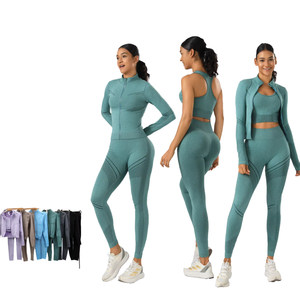 Conjunto de Yoga Ecológico de 3 Piezas Más Vendido, Leggings de Cintura Alta para Hombre, Sujetador Deportivo, Chaqueta con Cremallera y Logotipo Frontal, Conjuntos Cristalinos Sólidos - Product Image 1