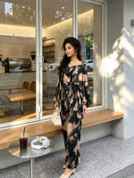 Fabricants de vêtements pour femmes, robe longue élégante pour femmes, col en V personnalisé, manches lanternes, imprimé, strass, taille haute