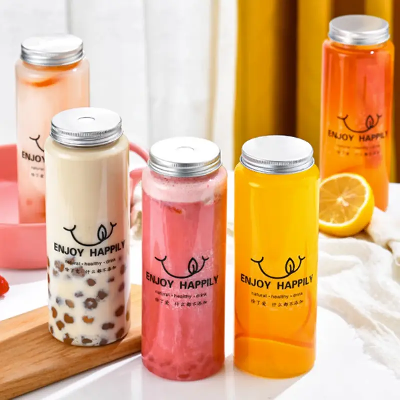 Hot selling pet round beverage bottle reusable drinking milk tea slender juice bottle