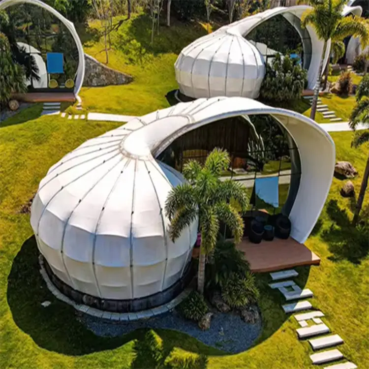 Outdoor prefab house structures pvdf tensile tent membrane structure architecture snail shape luxury glamping tents hotel