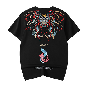 Camiseta Oversize de Hombre Miracle Bordada, Manga Corta, Cuello Redondo, Estilo Urbano, Algodón Negro Transpirable con Patrón Trasero - Product Image 1