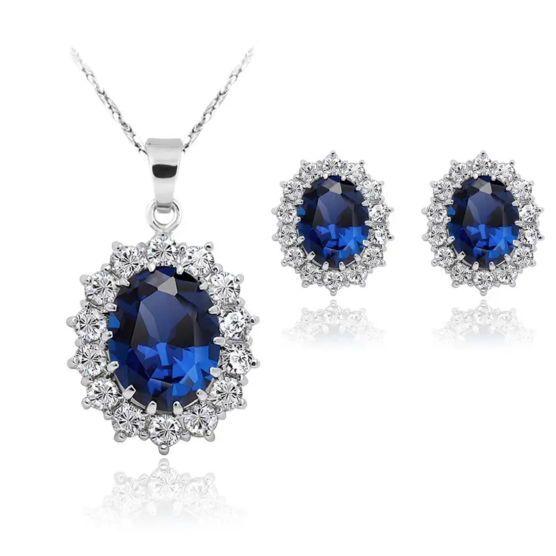 Ensemble de bijoux en saphir plaqué argent, boucles d'oreilles et collier en zircon, bleu, cadeau de noël, offre spéciale
