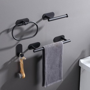 Ensemble d'accessoires de salle de bain noir mat, barre porte-serviettes murale, porte-rouleau de papier toilette, crochets, design minimaliste, protection contre la corrosion - Product Image 2