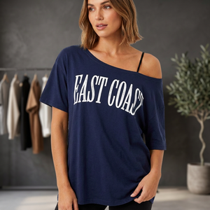 <b>Women's</b> Off-Shoulder T-Shirt <b>Navy</b> Blue Letter Print Loose Fit Polyester Knitted Eco-Friendly Breathable Spring Summer Casual <b>Top</b> - Product Image 2