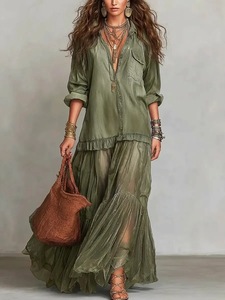 Robe longue décontractée pour femme, style rétro européen et américain, avec revers, poches, couleur unie, taille naturelle, respirante, été 2026 - Product Image 5