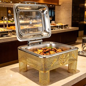 Nouveau Réchaud de Buffet Moderne en Acier Inoxydable Doré UIWS 6L, Chauffage à l'Alcool, Couvercle Hydraulique à Bordure Dentelée pour Hôtels et Banquets - Product Image 2