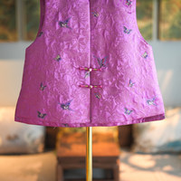 Gilet polyvalent pour femme, style chinois, en brocart de soie de mûrier et coton, coupe ample, col montant, motif papillon rose rouge, personnalisé 5403