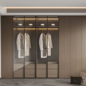 Armoire-penderie moderne autoportante en bois avec cloison en verre, éclairage LED, grande capacité, gain de place pour la maison, la chambre à coucher/la villa - Product Image 1