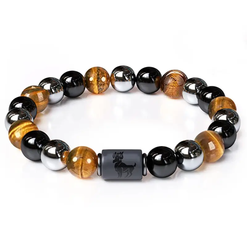 12 Zodiac Pedra Natural 10MM Tiger Eyes Black Magnet Homens Pulseiras Cuff Elastic Bangle Jóias