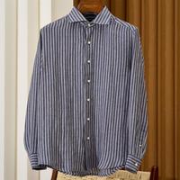 Kemeja Linen Pria Premium Slim Fit Bergaris Lengan Panjang Bernapas Kasual Kancing Depan Atasan Musim Panas Desain Kustom ODM