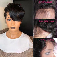 Vente en gros perruque droite fabriquée à la machine perruque à fermeture Pixie sans dentelle frontale cheveux bruts perruques coupe Pixie pour les femmes noires