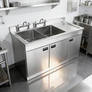 Évier de cuisine commercial double bac en acier inoxydable poli <span class=keywords><strong>Lubo</strong></span> avec égouttoir intégré, revêtement en poudre de qualité alimentaire 300 kg/m - Product Image 1