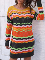 Robe Courte Décontractée Vintage Colorée à Rayures Ondulées et Col Rond en Maille Creuse à Manches Longues pour Femme 2026