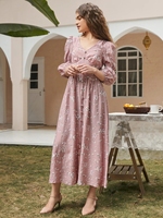 Boho Ditsy Floral couvert col en V bouton trois quarts évêque manches taille haute une ligne longue Maxi robe 2021 robes pour les femmes