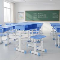 Ensemble de bureau et tabouret d'école réglables avec surface de travail en plastique, structure métallique et tiroir pour les écoles primaires et secondaires