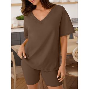 Womens Two Piece Lounge <b>Set</b> Short Sleeve V Neck Tops Shorts Matching Casual Spring Summer Outfits Breathable <b>Knitted</b> <b>Set</b> - Product Image 6