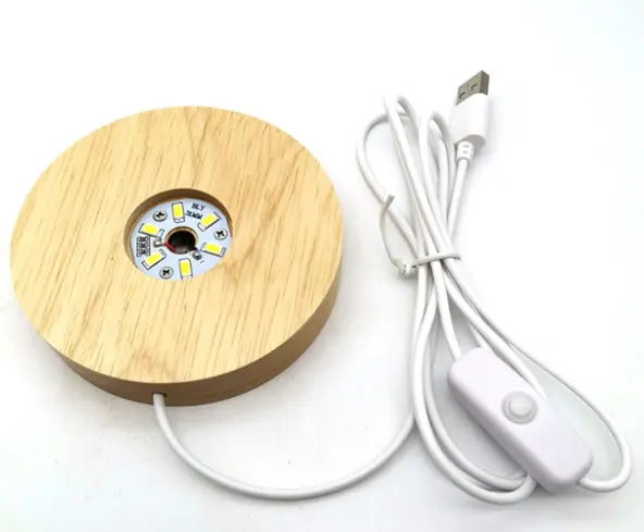 Lámpara Led redonda de madera, interruptor de Cable USB, luz nocturna moderna para lámpara de noche Led 3D