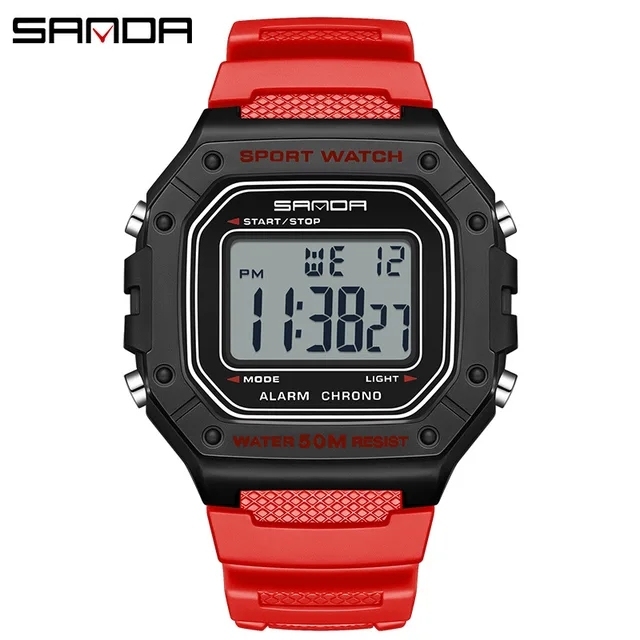 SANDA 2156 Rectangle Led Display Dial Electronic Digital Movement Outdoor Sports 50 Meter Deep Waterproof Men Wrist Watch