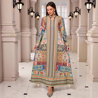 Abaya élégante en polyester à col montant, imprimé géométrique ethnique, coupe ample, longue, pour femmes musulmanes, Aïd Ramadan