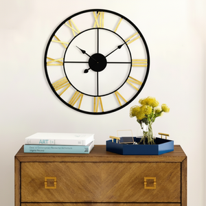 ตัวเลขโรมันสีทองสีดำคลาสสิกขนาดใหญ่แบบเรียบง่ายรอบเงียบมีจำหน่ายในราคาขายส่งนาฬิกาแขวนโลหะ - Product Image 1