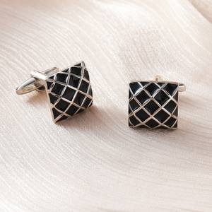 Boutons de manchette pour homme en laiton, agate, doré, émail noir, motif quadrillé, pour chemises de cérémonie, mariage, bleu, argent - Product Image 3