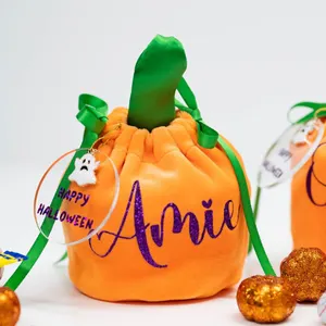 Oranje Pompoenzakjes Halloween Decoraties Truc Of Traktatiezak Voor Snoepfluwelen Halloween Emmer Met Lint Trekkoord