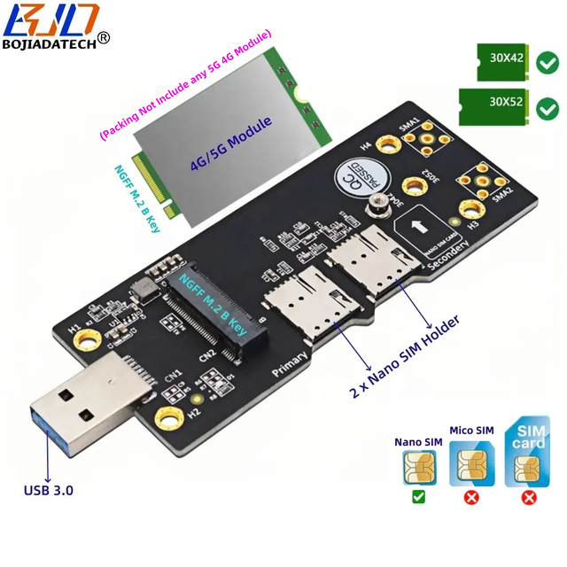 USB 3.0 Type-A Connector to NGFF M.2 Key-B Wireless Modem Adapter 2 NANO SIM Card Holder for 3042 3052 5G 4G LTE WWAN Module