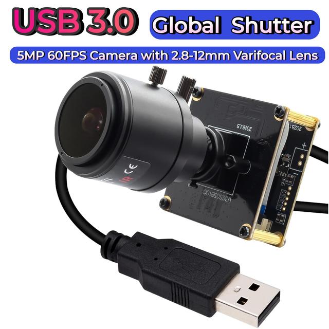 ELP 5MP Global Shutter USB3.0 Camera Module 2.8-12mm Varifocal 4X Zoom OG05B10 1080P 60fps UVC for Robot Vision & Webcam