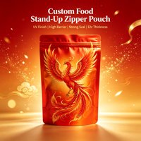 Sachet Mylar de Luxe Rouge Phénix, Pochette Zippée Autoportante Anti-Odeur Refermable Réutilisable pour Emballage Alimentaire (Thé, Café, Snacks)