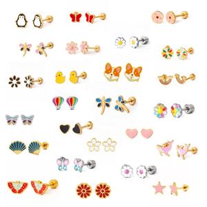 Pendientes de Acero Inoxidable con Baño de Oro Hipoalergénicos, Diseño de Dibujos Animados, Arcoíris, Flor y Mariposa, Personalizados con Esmalte, para Niños - Product Image 1