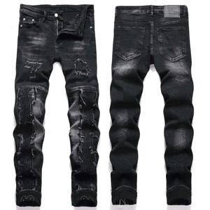 Jeans Neri Strappati con Patch in Stile Punk per Uomo, Pantaloni Casual Elasticizzati a Vita Media con Ricami, <span class=keywords><strong>Abbigliamento</strong></span> <span class=keywords><strong>Hip</strong></span> <span class=keywords><strong>Hop</strong></span> - Product Image 1