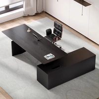 Meja Eksekutif Minimalis Bentuk L, Meja Kantor Hitam Mewah dengan Laci Penyimpanan untuk Ruang Kerja Modern