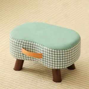 Small <b>Stool</b> With Checkered Fabric And Wooden <b>Legs</b> For Living Room Or Bedroom Use Stackable Design For Home Furniture - Product Image 3