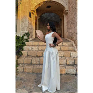 Tissu 100% lin pour robe longue basique crème - Product Image 3