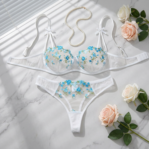 Wholesale Rose Embroidery Lingerie <b>Set</b> <b>Sexy</b> Sheer Mesh Underwire Bra and Thong Panties <b>Set</b> 2 Piece Bow Lace Womens Intimates - Product Image 2