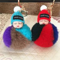 Porte-clés poupée bébé endormi avec pompon fleur et boule en fausse fourrure, porte-clés de voiture moelleux, porte-clés de sac