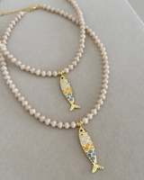 Collier Pendentif Poisson en Pierre Naturelle, Zircon et Diamant, Plaqué Or 18 carats, avec Fermoir et Perles, Parure de Bijoux pour Femme