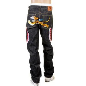 Mens straight leg Japanese raw selvedge denim jeans with custom high quality embroidery pattern