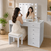 Coiffeuse sur pied intégrée à 7 tiroirs en mélamine avec plateau en verre et miroir à ampoules LED pour chambre à coucher - Vente en gros