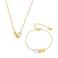 Ensemble de bijoux fins Collier rectangulaire imbriqué Bracelet en acier inoxydable Bracelet en zircon cubique connecté en or 18 carats pour femme