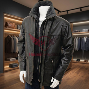 Veste en cuir noir pour homme, qualité luxe, en cuir de mouton Nappa, longueur mi-haute, col en fausse fourrure amovible, doublure respirante, coupe-vent - Product Image 3