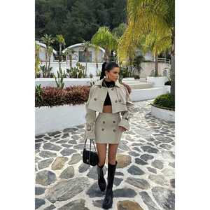 Coco Beige High Waist <b>Woolen</b> <b>Skirt</b> Set with Button Detail Top New Arrivals Ladies' Loose Fit Outfits Woven with Logo Decoration - Product Image 3