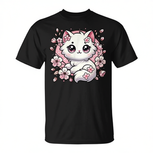 Camiseta con estampado de flores de cerezo y gatos Kawaii para niñas, manga corta, cuello redondo, impresión digital, para niños y niñas - Product Image 2