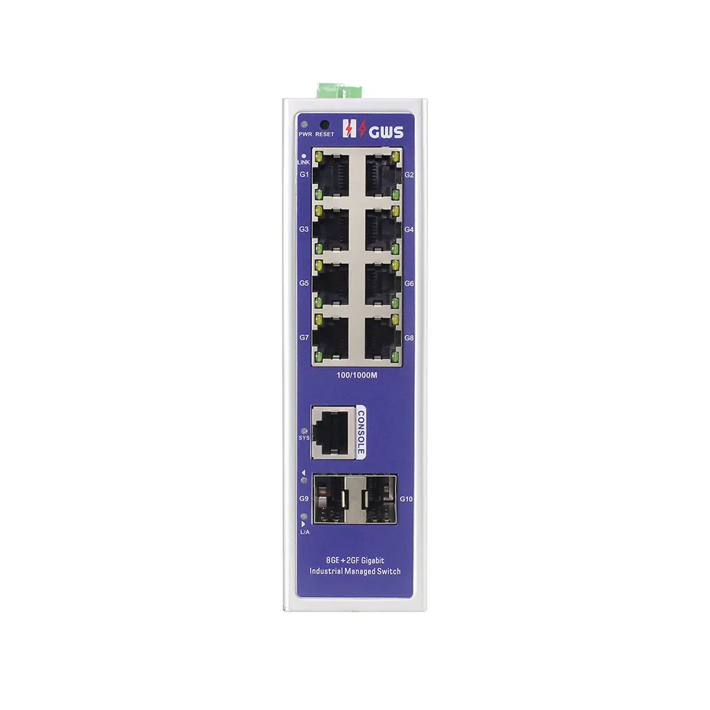 2 SFP portu ile GWS-IPS5010FM yönetilen 10 portlu Gigabit endüstriyel Din-Rail Ethernet Fiber portu VLAN ERPS Ring ağını destekler