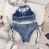 Ensemble bikini en jean sexy deux pièces pour femme, maillot de bain en denim, tenue de plage, culotte en jean, tenue de club, tenue de danse, vêtements de performance