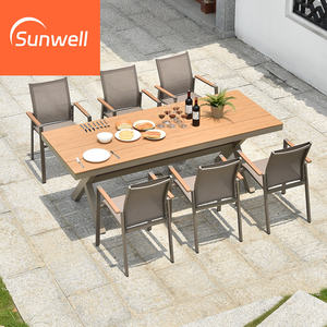 Muebles de jardín, juego de <span class=keywords><strong>mesa</strong></span> de comedor al aire libre, silla de patio, restaurante, <span class=keywords><strong>mesa</strong></span> de aluminio y juego de sillas de madera de teca <span class=keywords><strong>con</strong></span> paraguas - Product Image 2