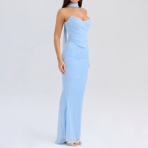 Abito di Lusso <span class=keywords><strong>Elegante</strong></span> per Signora, <span class=keywords><strong>Vestito</strong></span> <span class=keywords><strong>Lungo</strong></span> ODM 2 Pezzi, Abito da Cerimonia Giovanile Casual in Seta Dorata Invernale Blu Sexy per Donna - Product Image 2