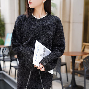 Suéter de manga larga de moda informal para mujer, de punto negro con cuello redondo Top, suéter suelto de invierno para damas de oficina - Product Image 2