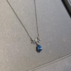 S925 Pure <b>Silver</b> French Retro Court Style Blue Water Droplet <b>Necklace</b> High-End <b>Chains</b> with Niche Temperament - Product Image 2