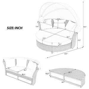 Outdoor Patio Daybed Wicker Rattan Round Sofa with Retractable <b>Canopy</b> 4 Pillows for Garden Lawn - Product Image 2